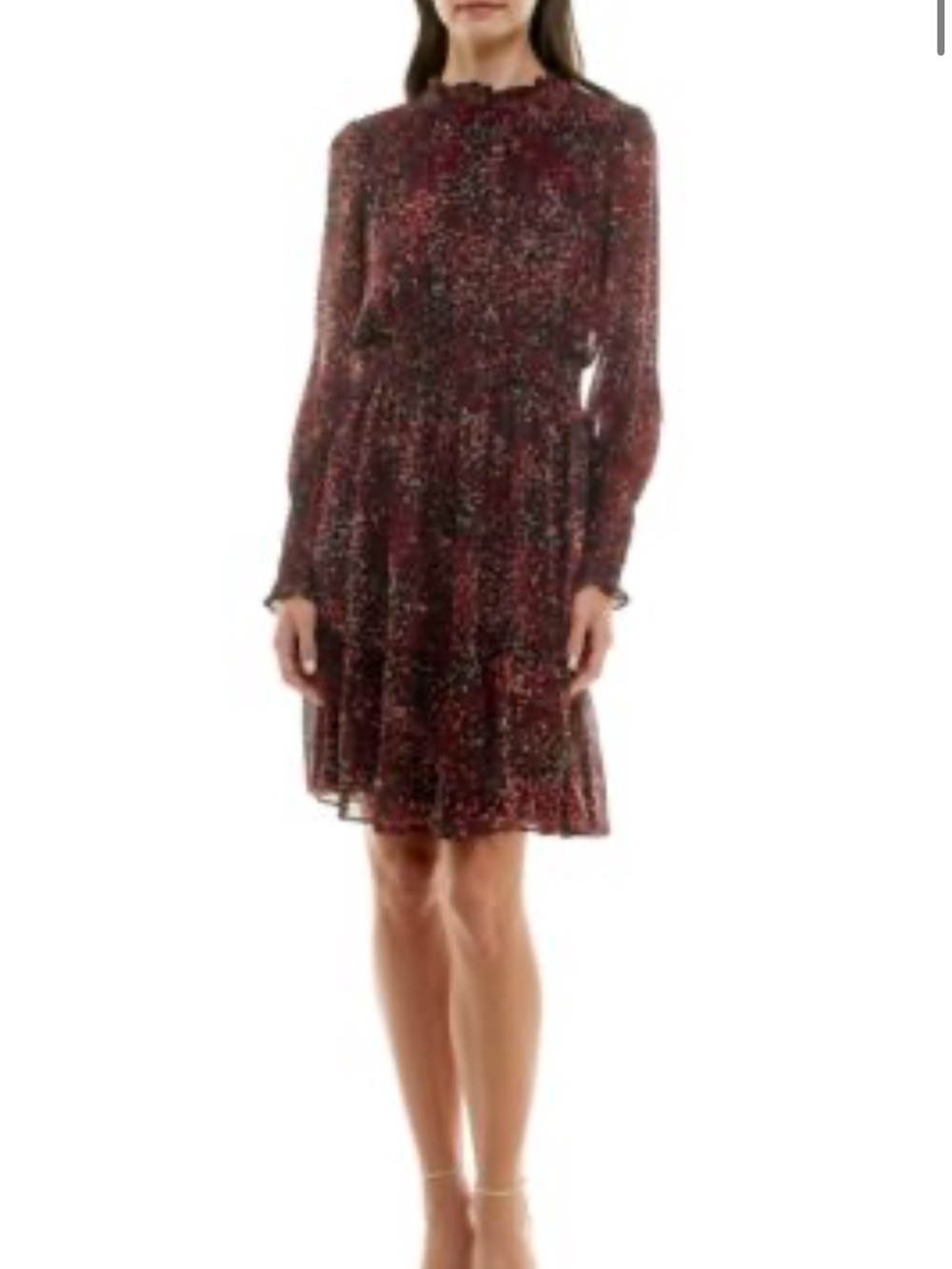Women's Burgundy Floral Long-Sleeve Tiered Dress